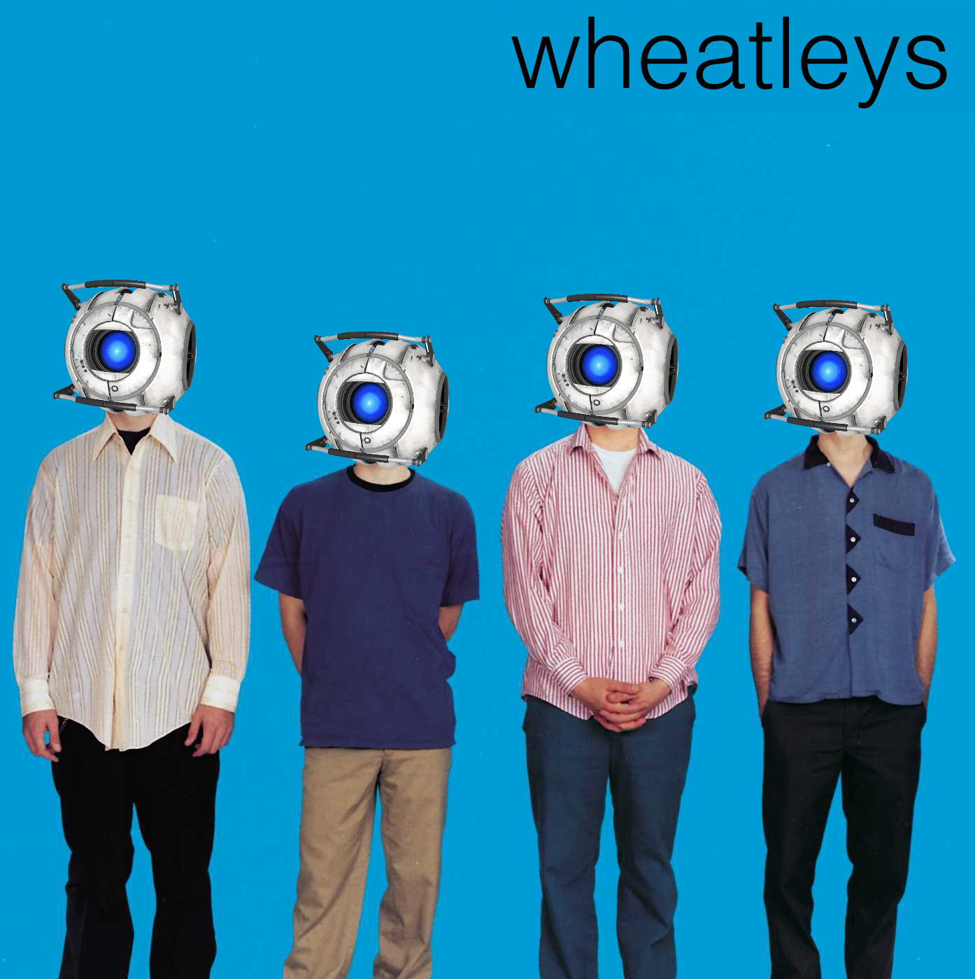 The Weezer Blue Album cover except it says 'wheatleys' and all the band member's heads have been replaced with Wheatley